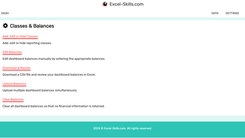 financial dashboard main menu